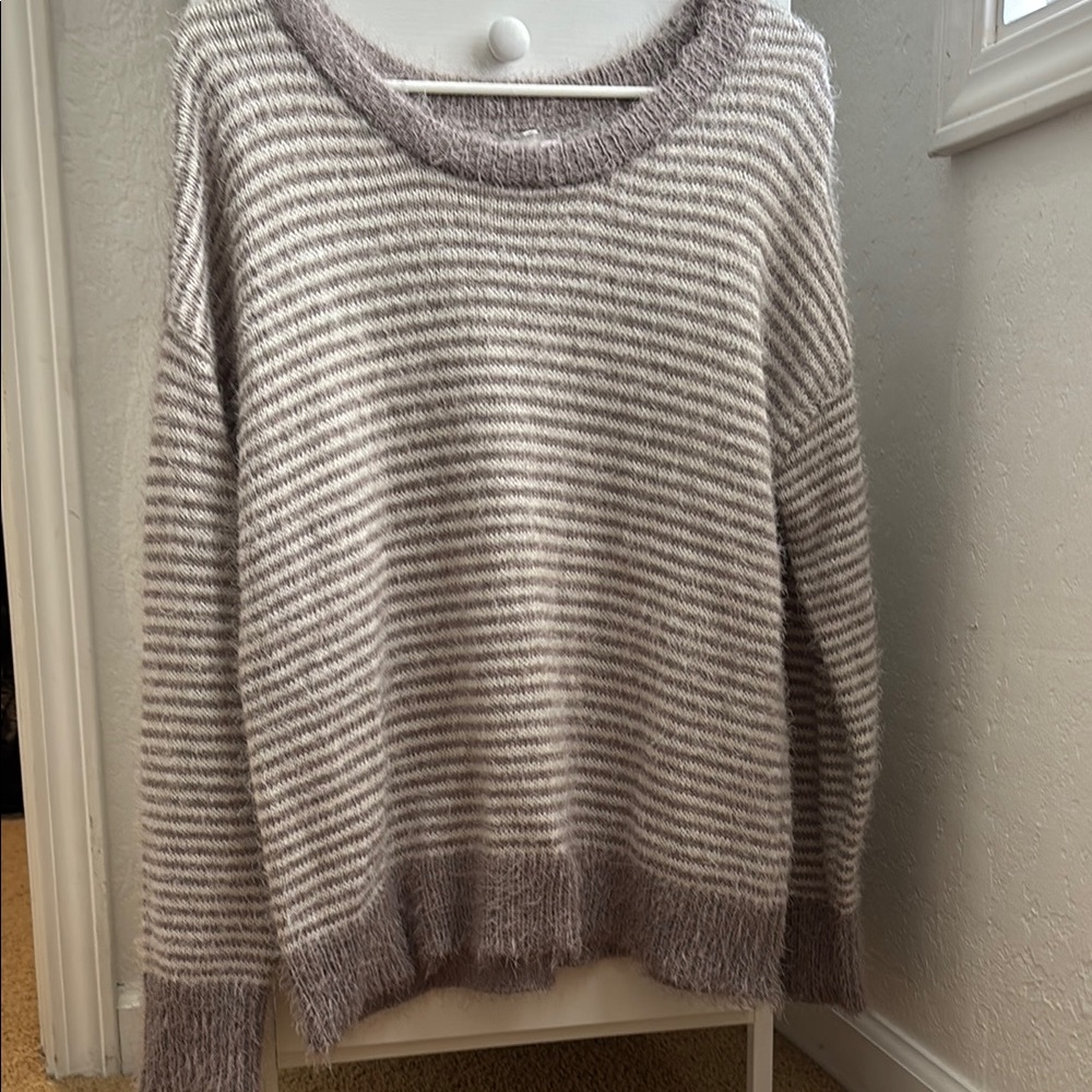 Maurices Gray and White Crew Neck Sweater with Stripes